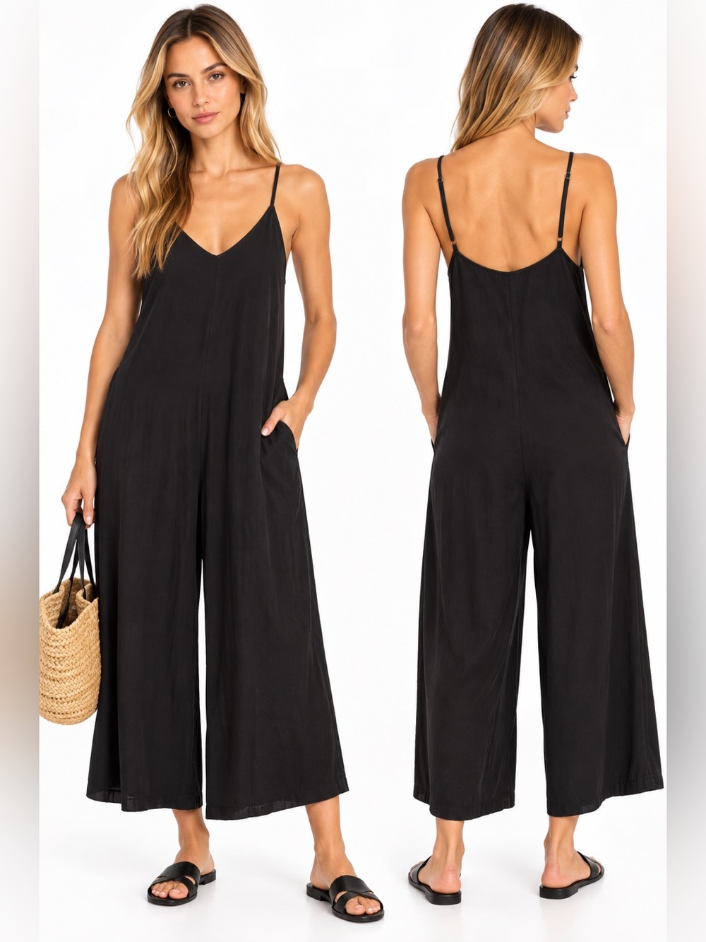 Aritzia Black Tencel Wide Leg Jumpsuit Romper Minimalist Sleeveless Relaxed xs
